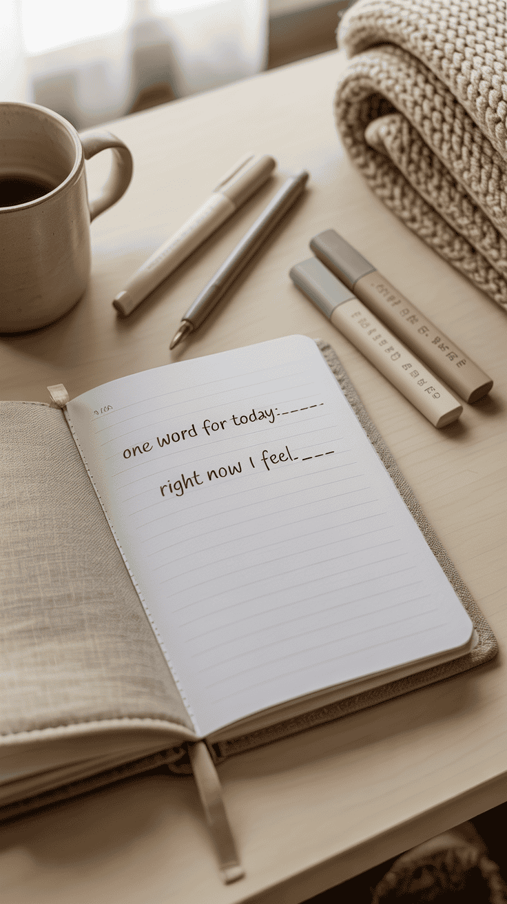 Open linen journal with simple low-energy writing prompts on a cozy neutral desk in soft morning light, styled for a calm journaling aesthetic.