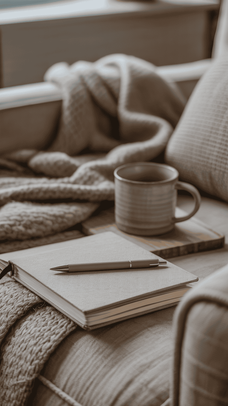 Closed linen journal with pen and warm mug in a calm evening setting, styled for a gentle end-of-day journaling moment.