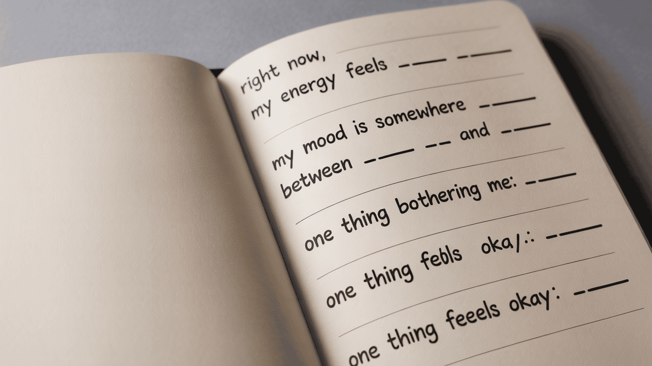 Journal page with fill-in-the-blank mood prompts written in simple handwriting.