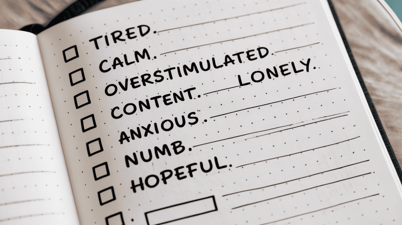 Checklist journal page with emotions like tired, calm, anxious, and hopeful.