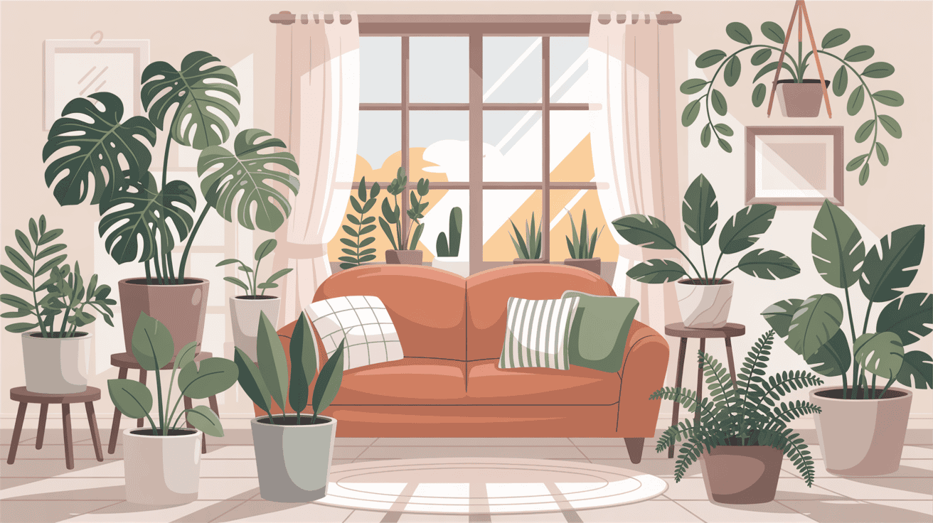 Illustrated living room with healthy houseplants thriving in natural sunlight.