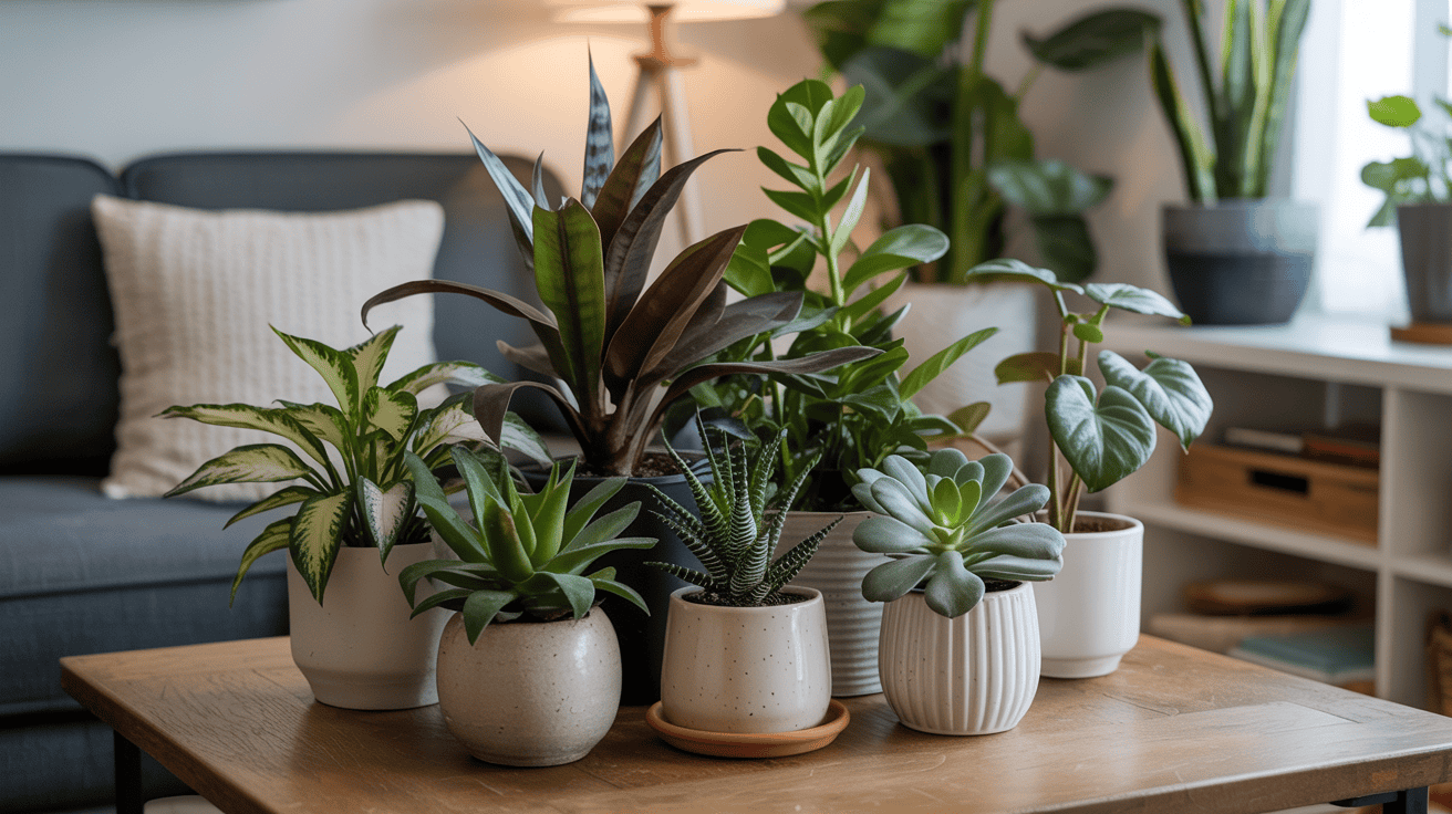 Stylised image of houseplants grouped together to naturally increase humidity.