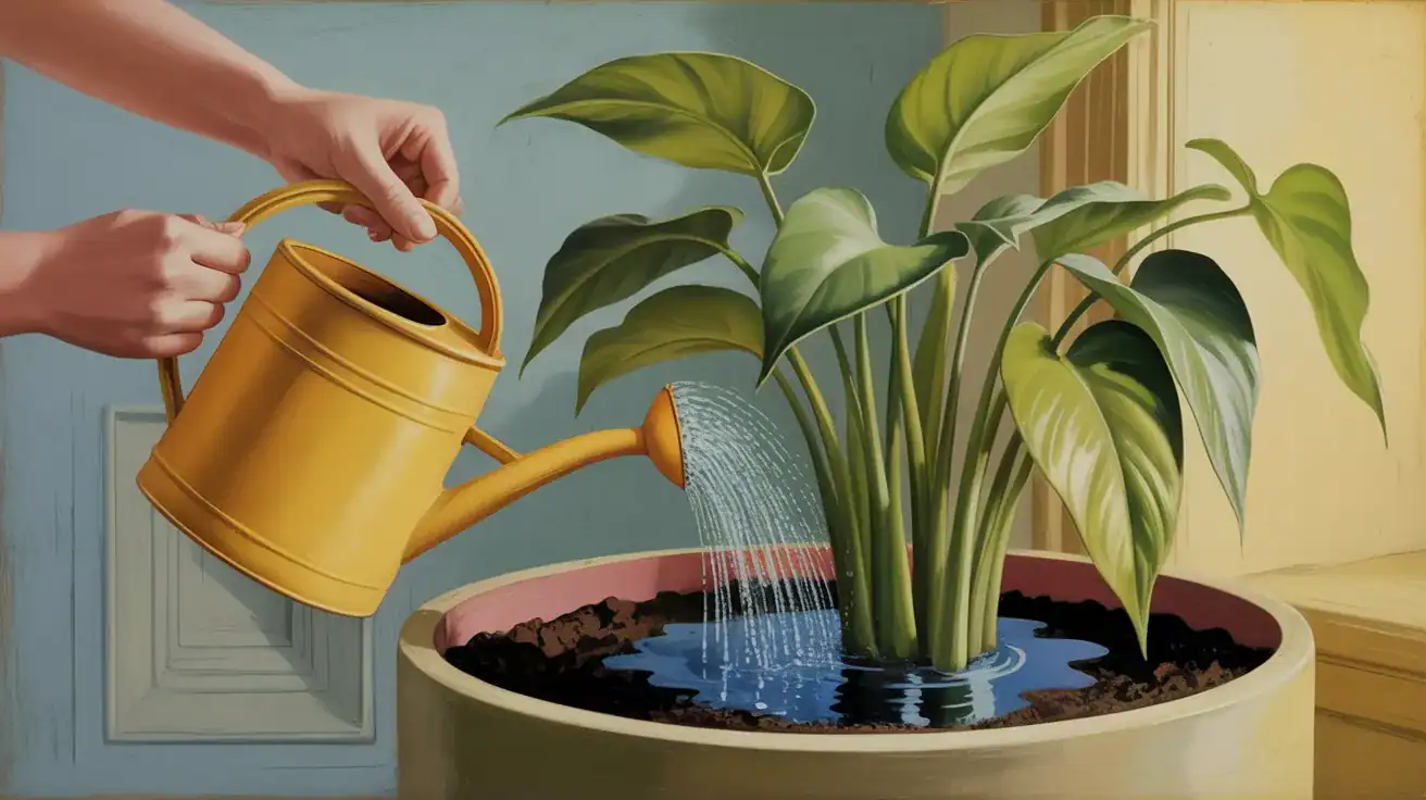 Stylised visual showing proper watering of a houseplant to support healthy roots.