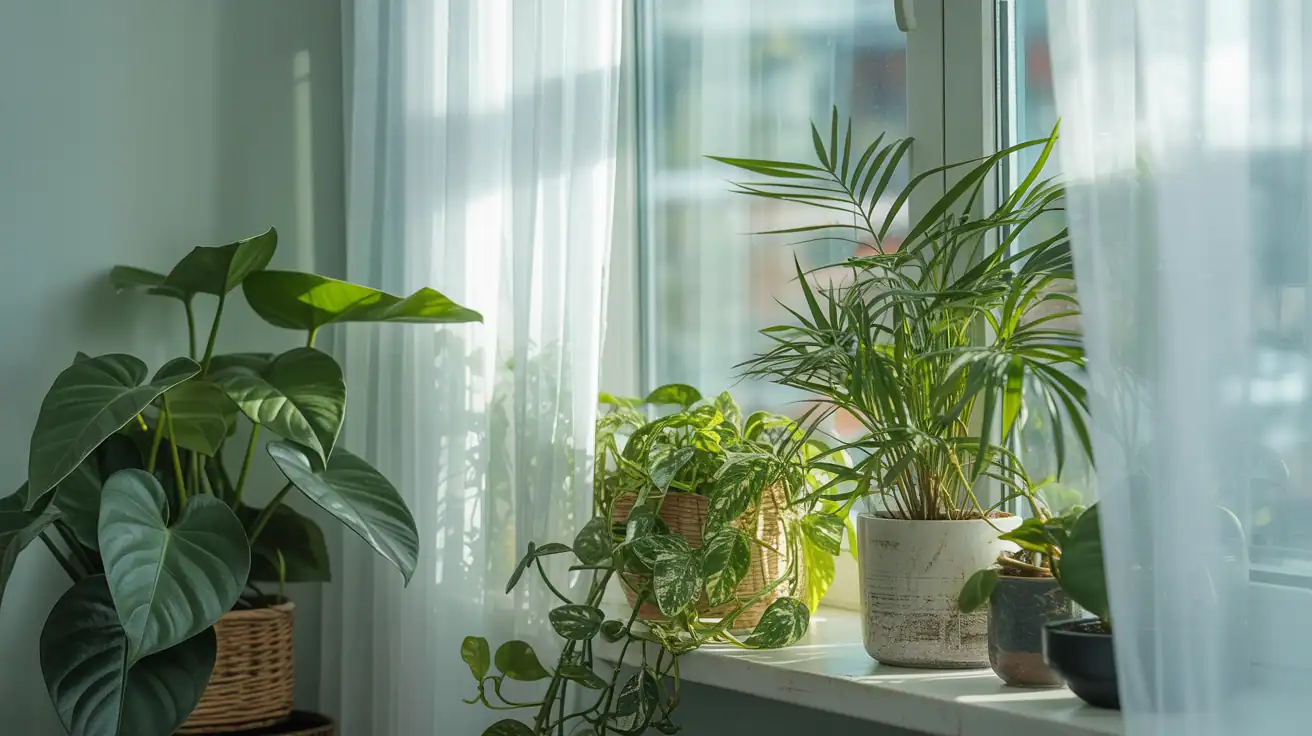 Stylised scene of houseplants receiving bright indirect sunlight near a window.