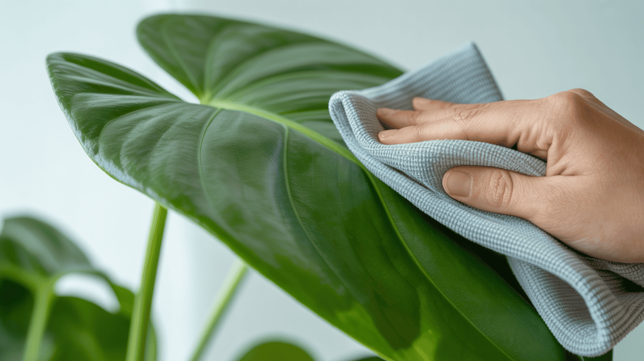 Stylised visual showing dust being wiped from houseplant leaves.