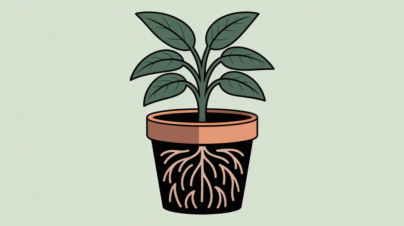 Stylised image of a houseplant with visible roots to check if it is root-bound.