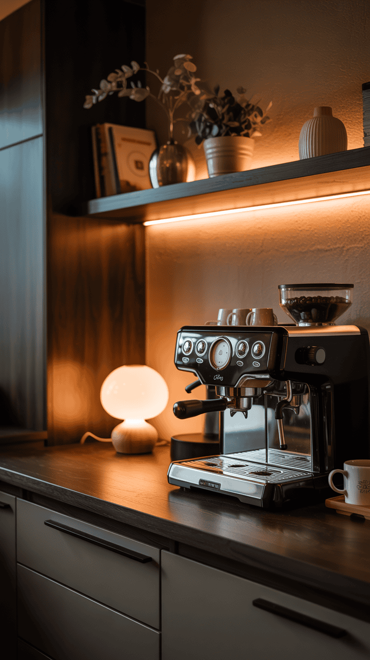 Coffee bar with warm lighting, accent lamp, and cozy café-style ambiance.