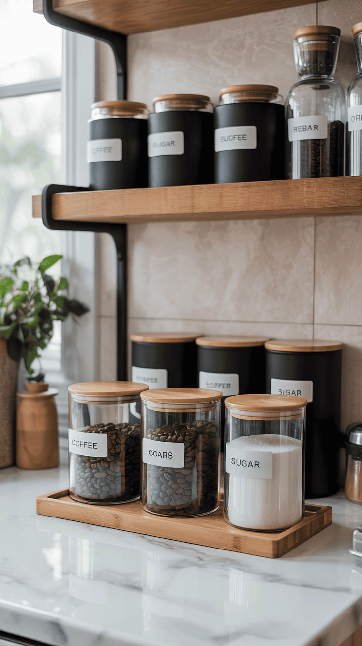 Organized coffee bar with matching labeled canisters for beans, sugar, and tea.