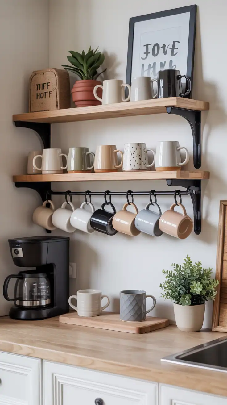 Coffee bar with displayed mugs on hooks and shelves styled like a mini gallery.