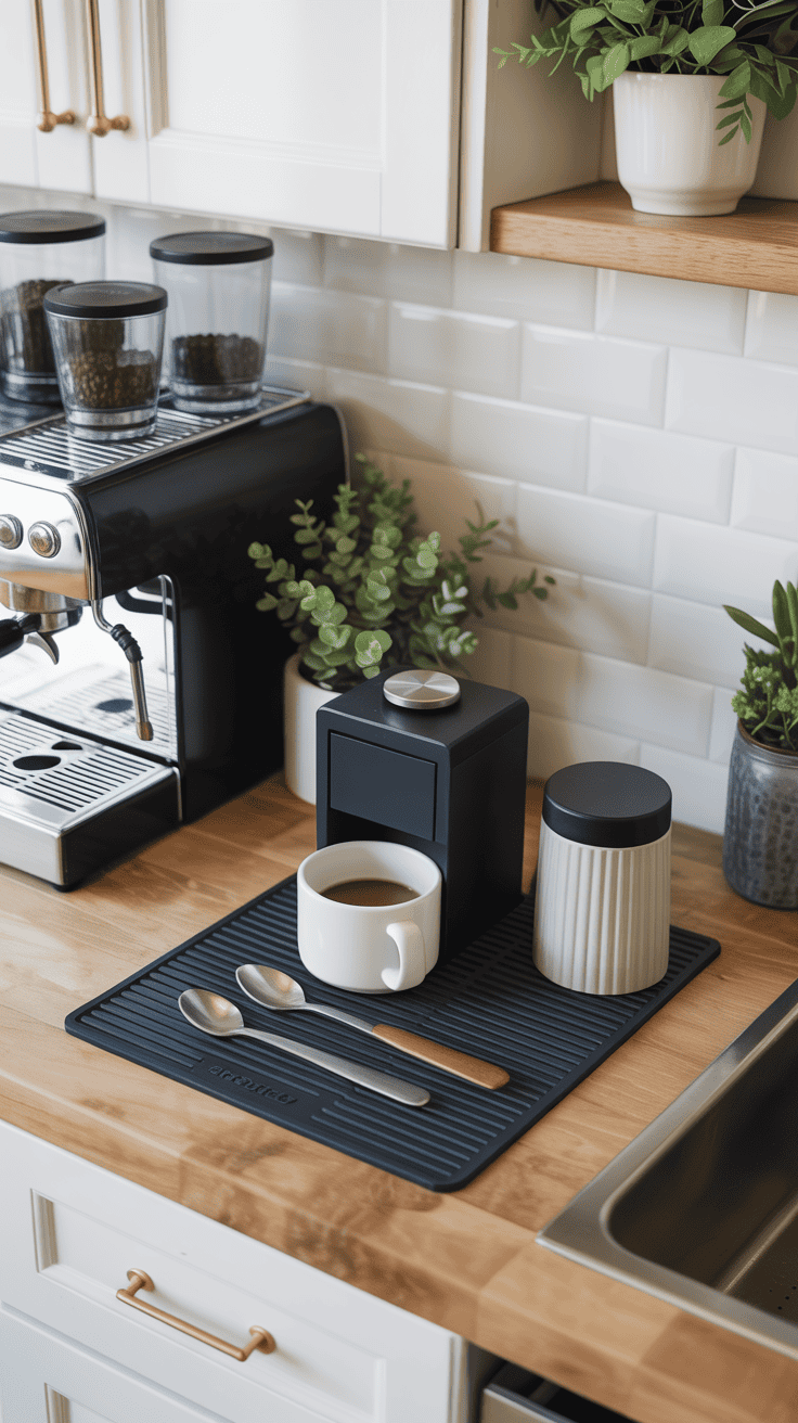 Clean coffee bar setup with knock box, mat, and organized prep area.