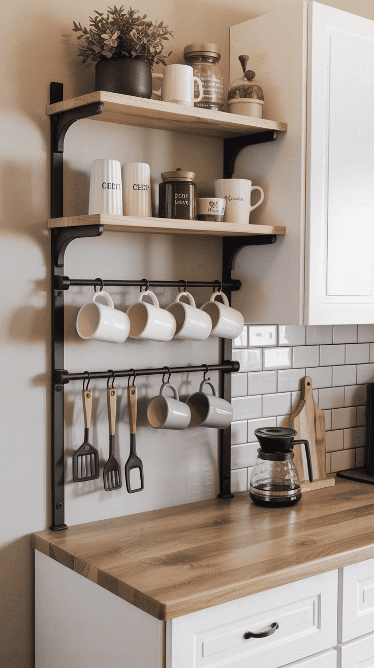 Vertical coffee bar with shelves, hooks, and wall-mounted storage.