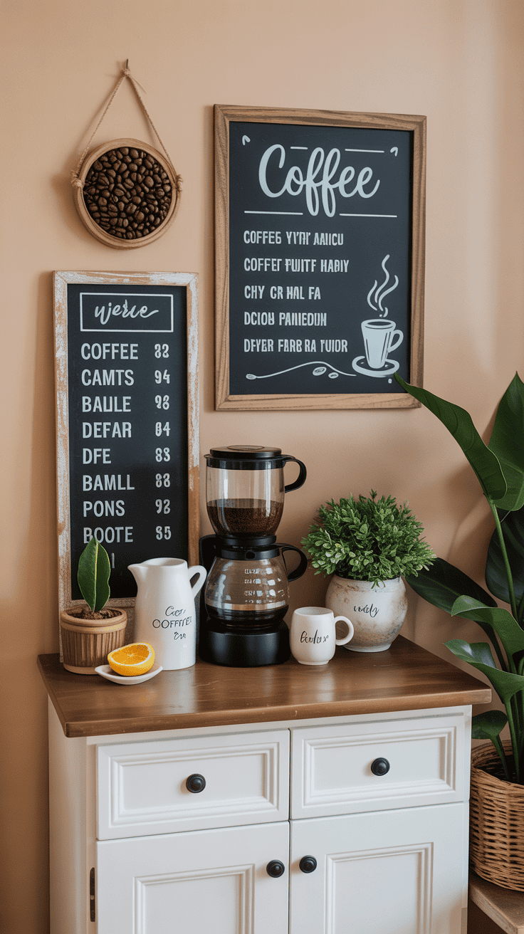 Personalized coffee bar with chalkboard menu, art, and decorative accents.