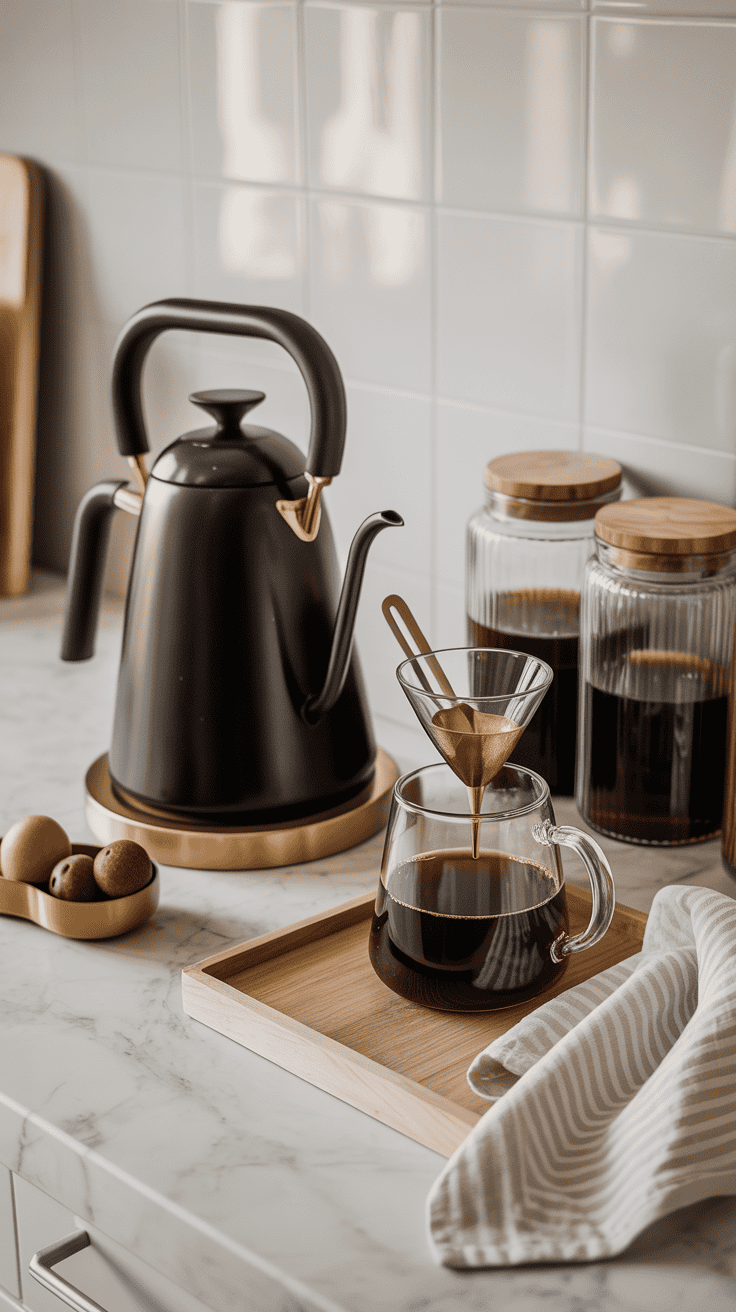 Elegant coffee bar with upgraded hardware, brass accessories, and refined details.