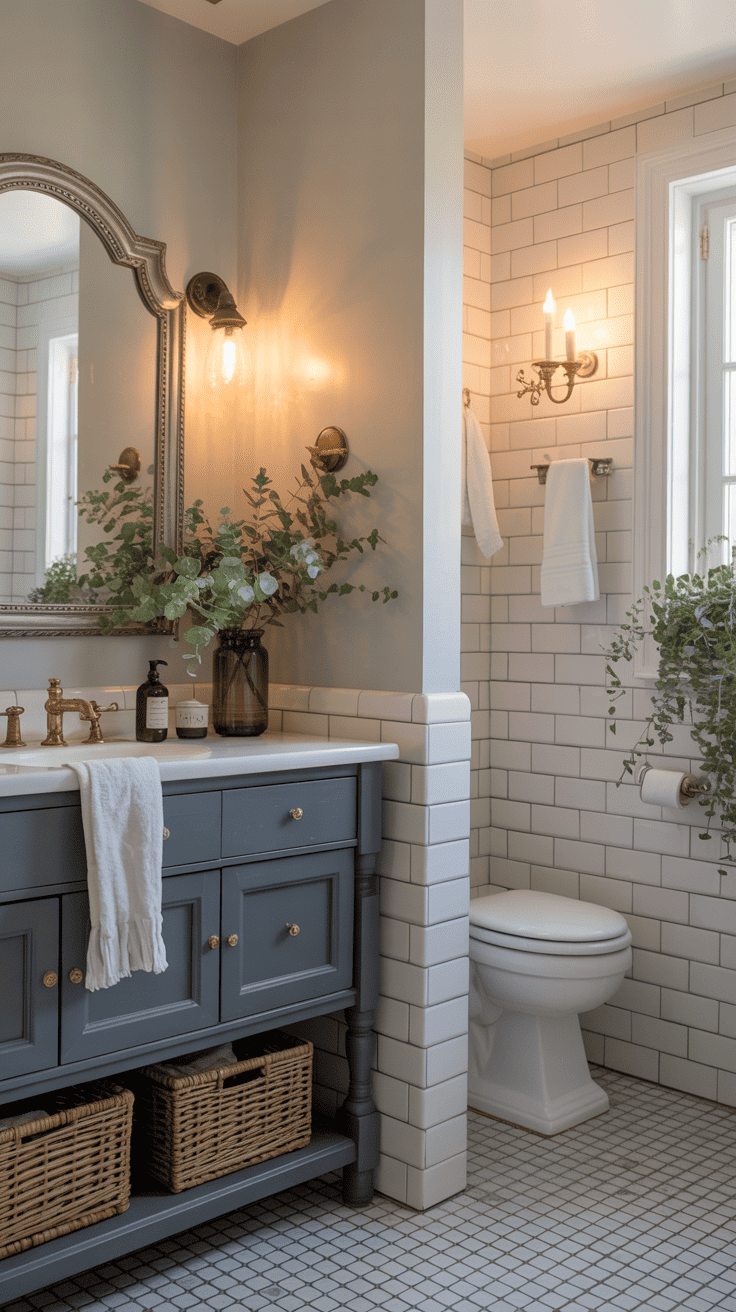 French-inspired bathroom with warm white walls, charcoal vanity, and antique brass accents