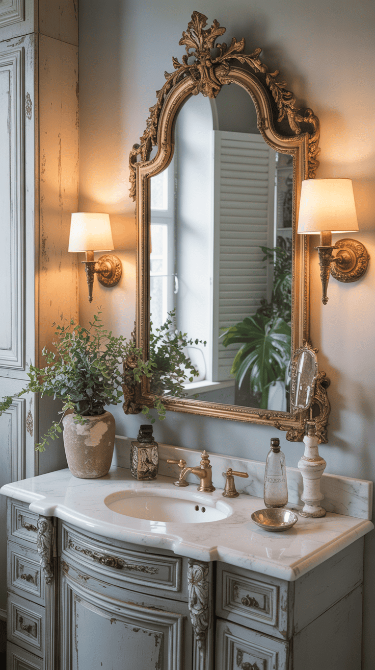 Vintage ornate mirror above a bathroom vanity in a French-style bathroom