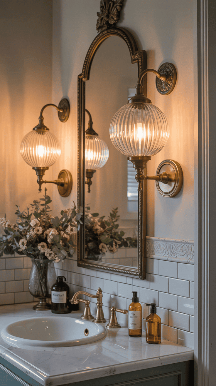 French bathroom lighting with brass sconces and warm ambient glow