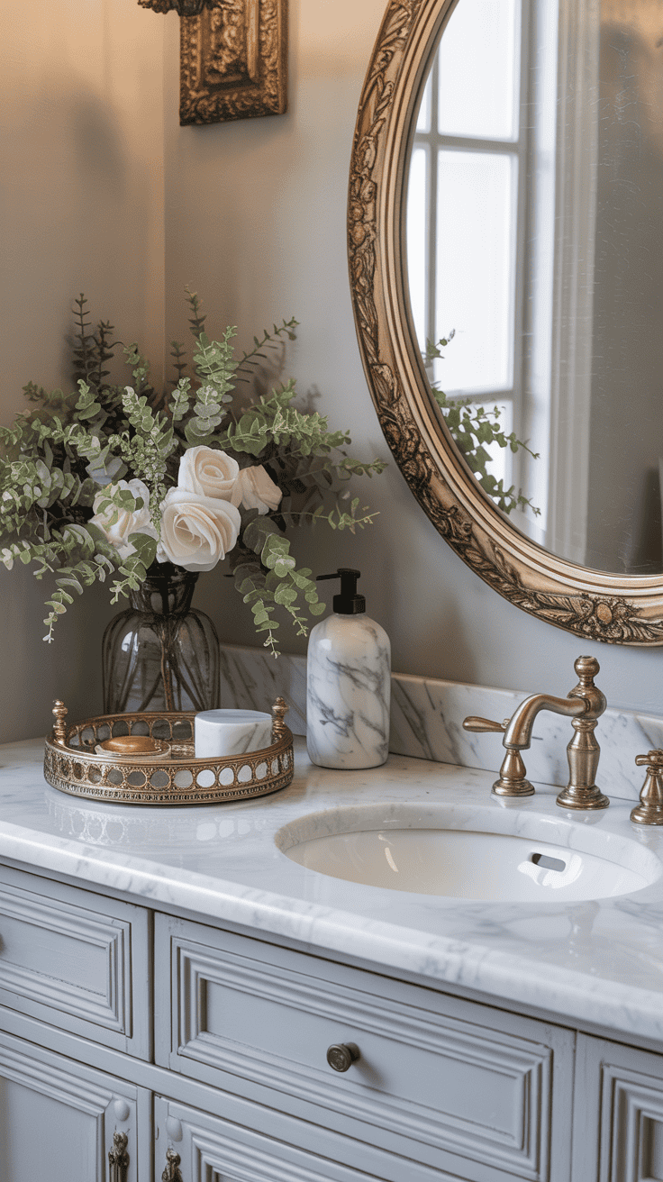 Bathroom vanity styled with marble accents for a French-inspired look