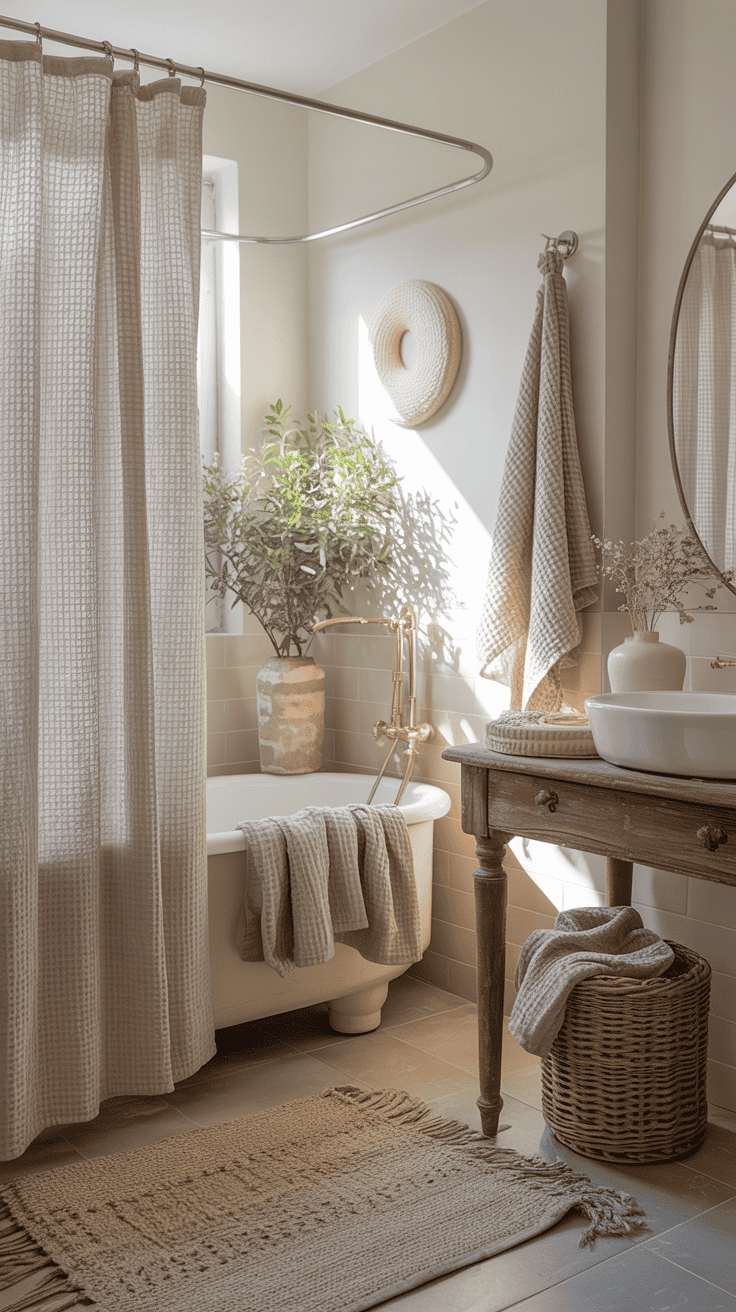 Neutral waffle towels and linen textiles in a French-inspired bathroom