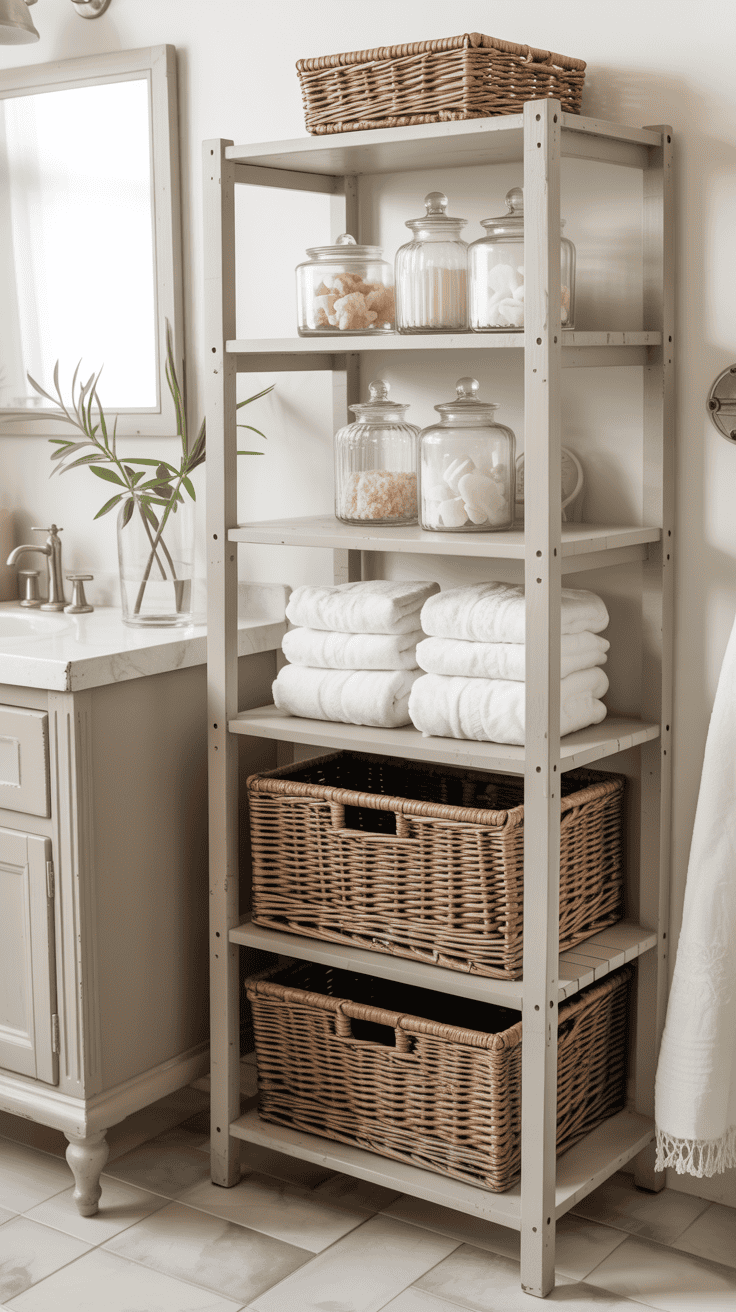 Vintage-style bathroom storage with apothecary jars and woven baskets