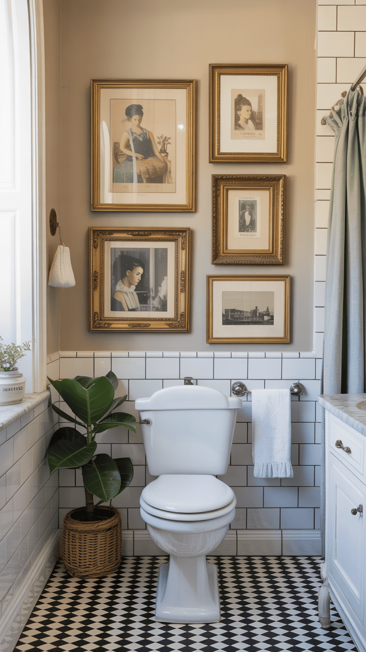 Bathroom wall art arranged in a French salon-style gallery display