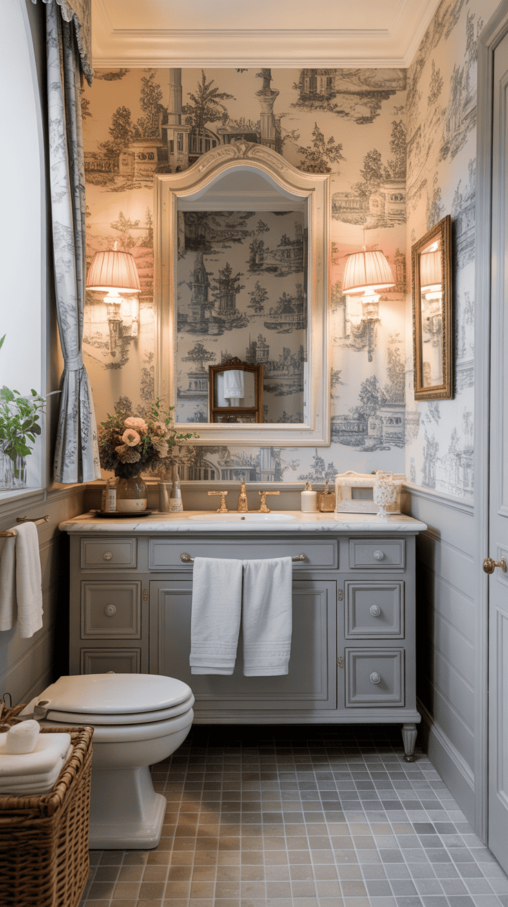 French bathroom with toile wallpaper and classic Parisian charm