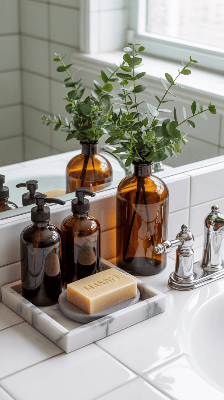 French apothecary-style bathroom sink with amber bottles and marble tray