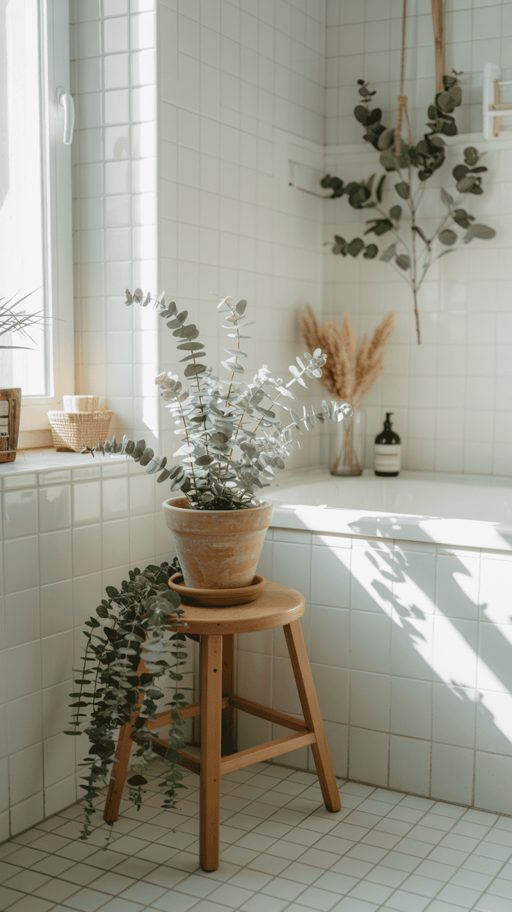 Bathroom greenery styled in a relaxed French apartment aesthetic