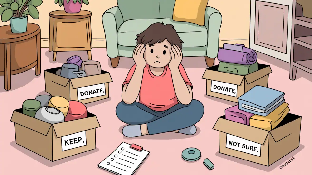 Cartoon illustration showing decision fatigue and perfectionism slowing down the decluttering process.