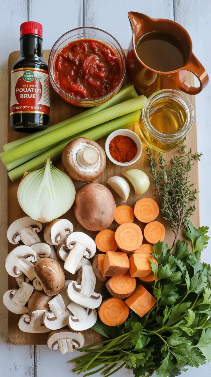 Flat lay of ingredients for mushroom and sweet potato stew on wooden board.