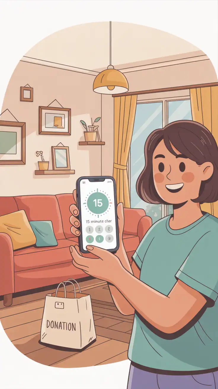 Cartoon illustration of a person starting a 15-minute declutter session in a cozy living room.