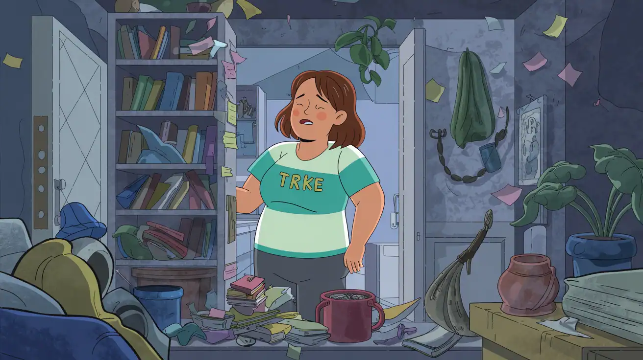 Visual representation of common decluttering mistakes to avoid Cartoon illustration showing common decluttering mistakes like expanding the zone.