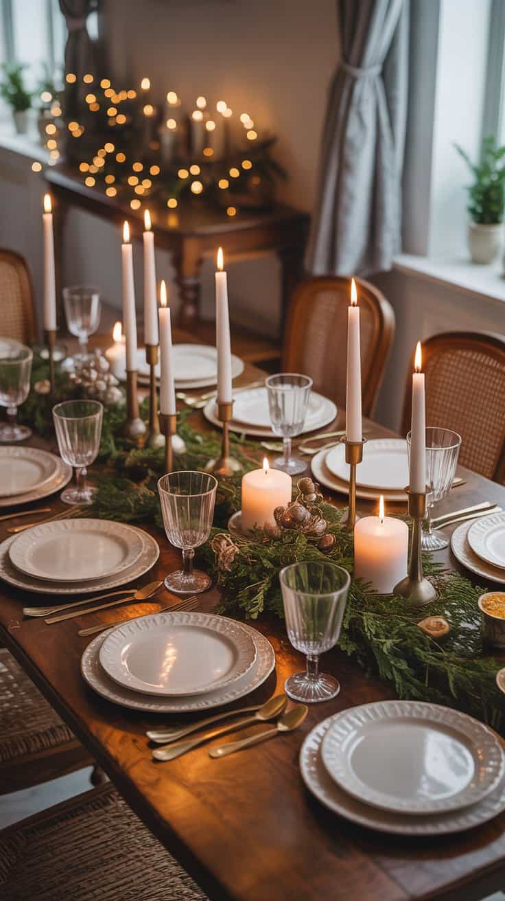 A beautifully arranged vintage dining table with various serving platters, candles, and festive decorations.