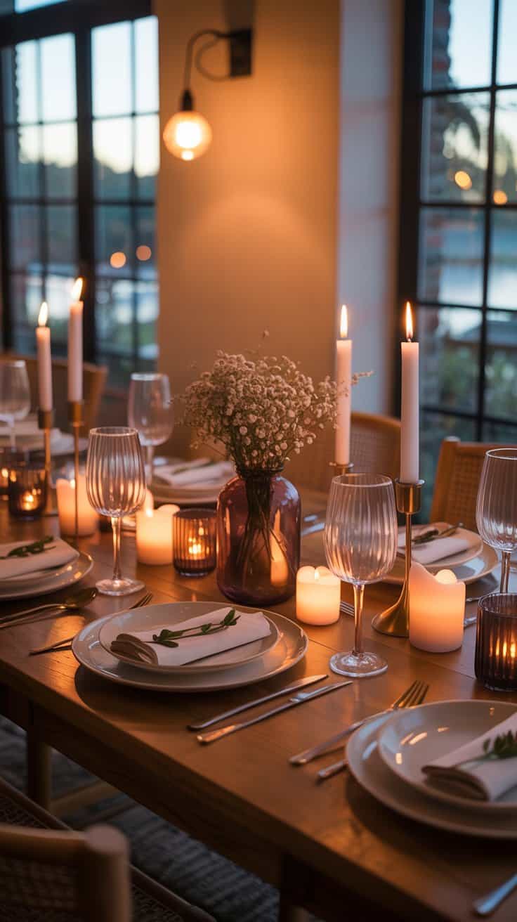 A beautifully set dining table with candles and warm lighting.