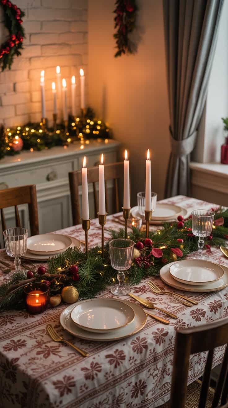 A beautifully set vintage holiday dining table with a patterned tablecloth, candles, and festive decor.
