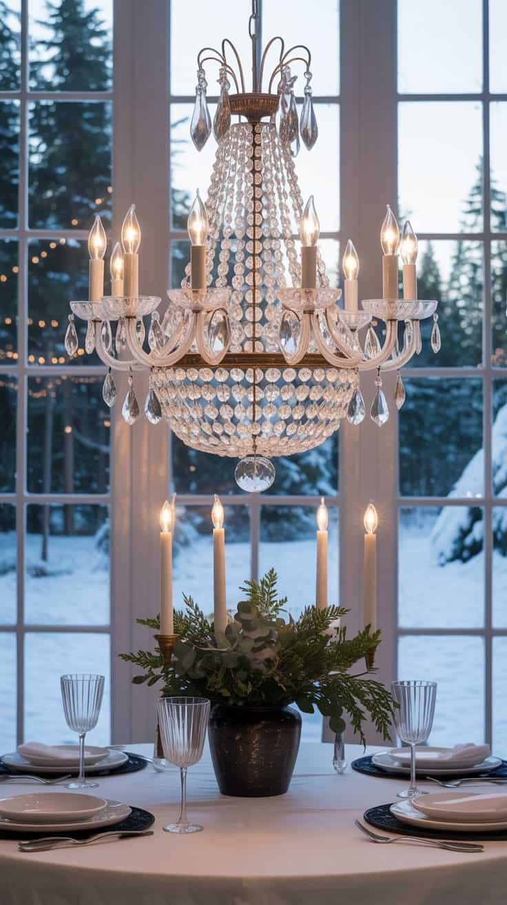 A classic crystal chandelier hanging above a dining table in a snowy winter setting.