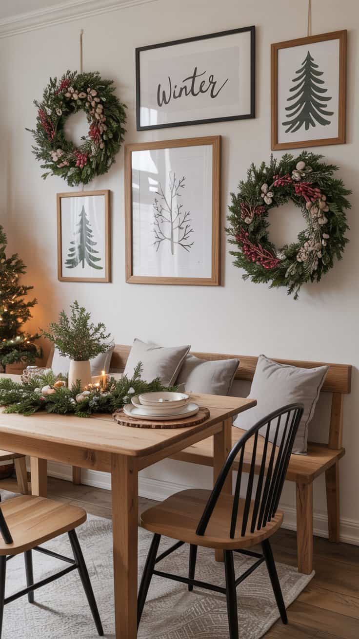 A cozy dining area with winter-themed wall decor, featuring wreaths, framed art, and a wooden table.