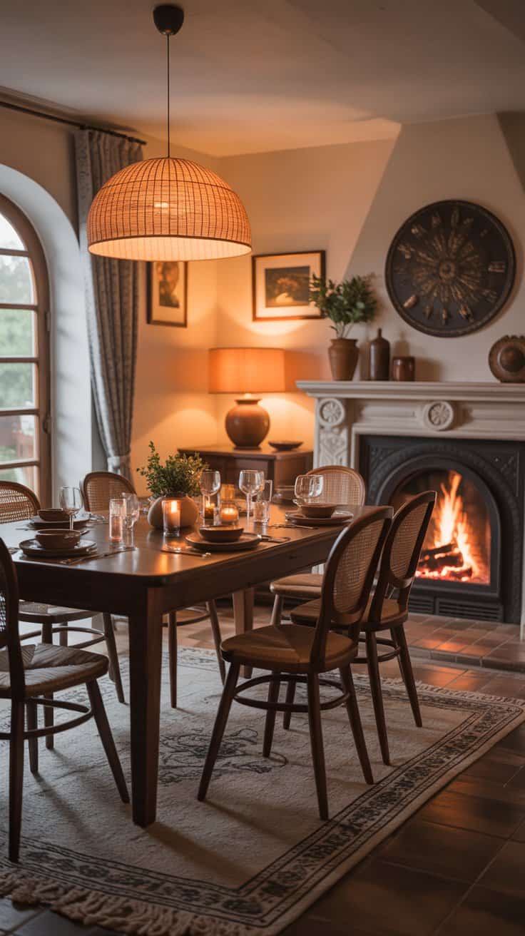 A cozy dining room with a fireplace, wooden table, and warm decor.
