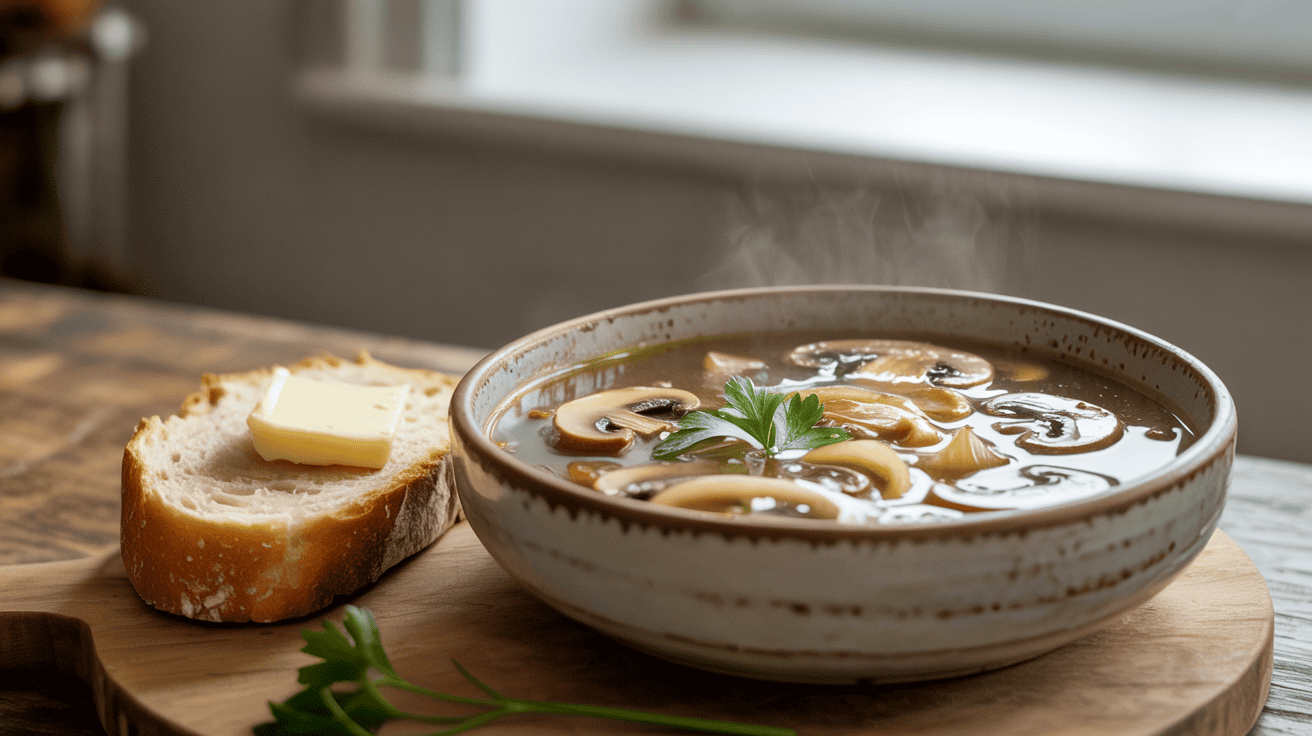 Comfort-style mushroom and onion soup served in a rustic bowl with parsley garnish and crusty bread on a wooden table.