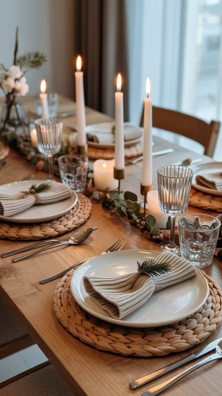 A cozy winter dining table set with knit accents, plates, and candles.