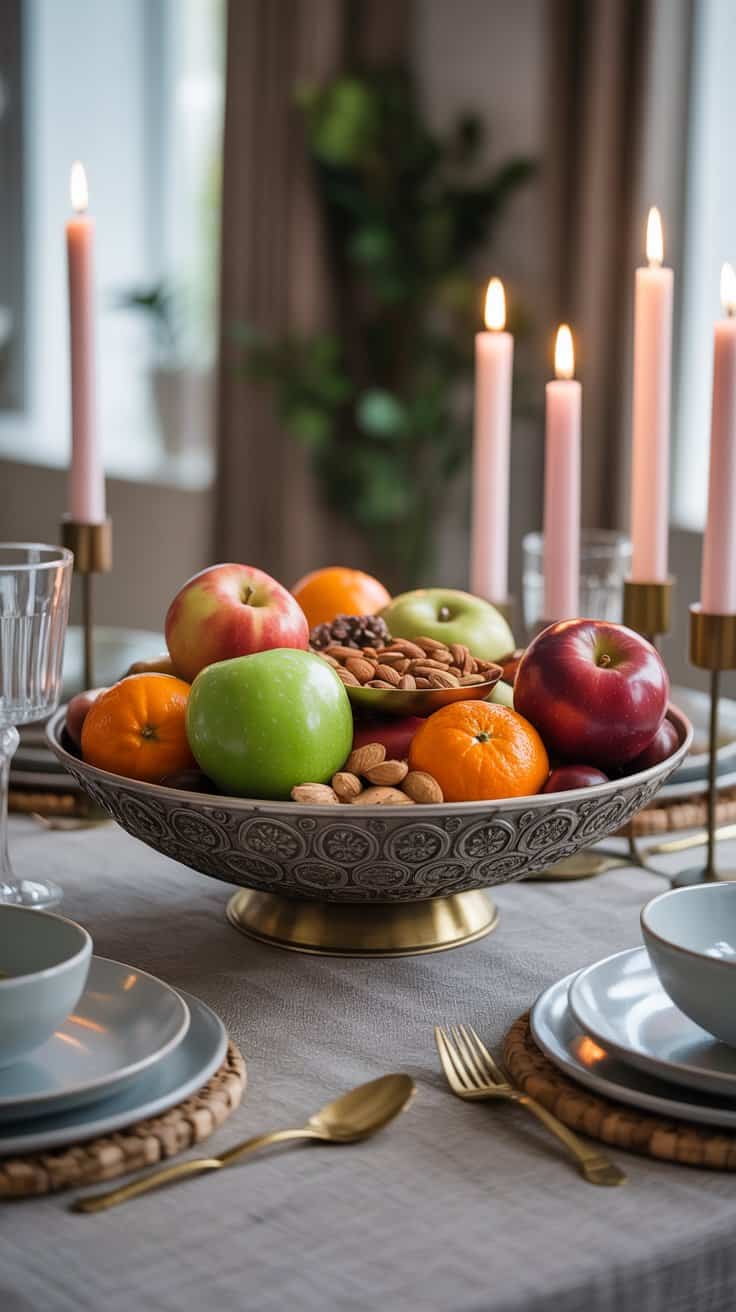 A decorative bowl filled with seasonal fruits and nuts, including apples, oranges, and almonds, set on a dining table.