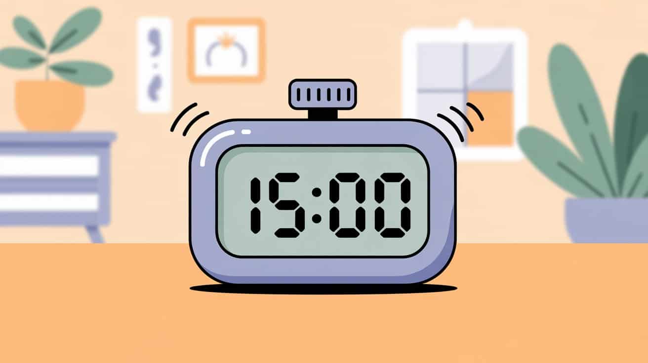 Friendly cartoon illustration of a digital timer reaching 15:00 with subtle motion lines indicating it’s going off, placed on a simple surface in a calm, cozy home setting with warm pastel tones and a minimal background.