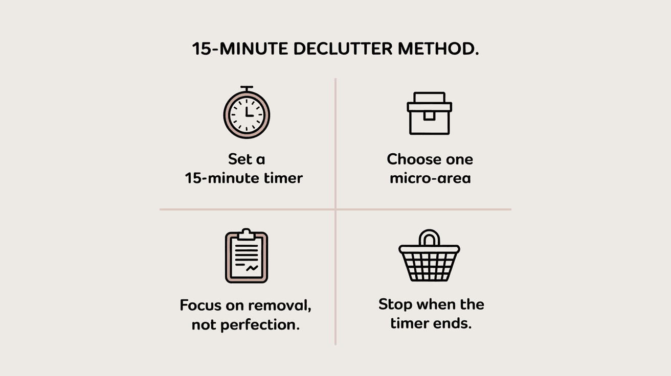 Minimalist decluttering infographic showing four steps of the 15-minute declutter method: set a timer, choose one small area, focus on removing items instead of perfection, and stop when the timer ends.