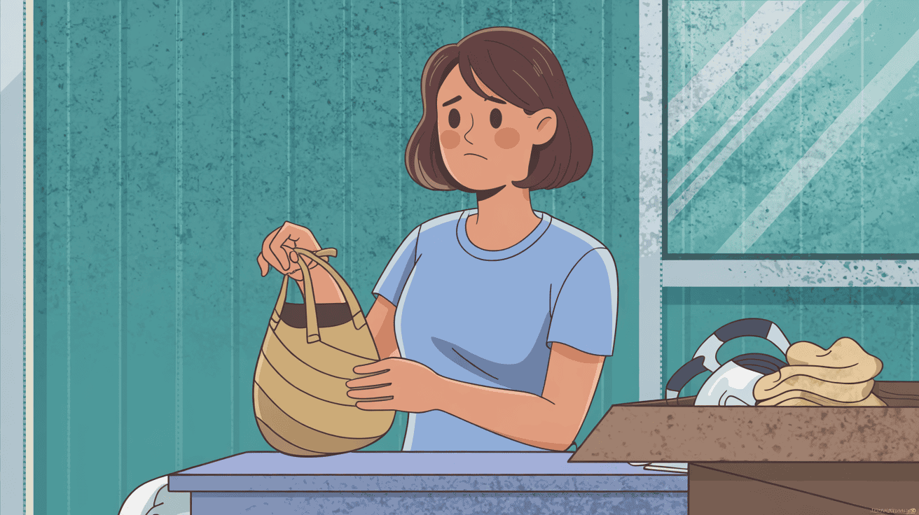 A person holding an item and considering whether to keep it A person holding an item and considering whether to keep it