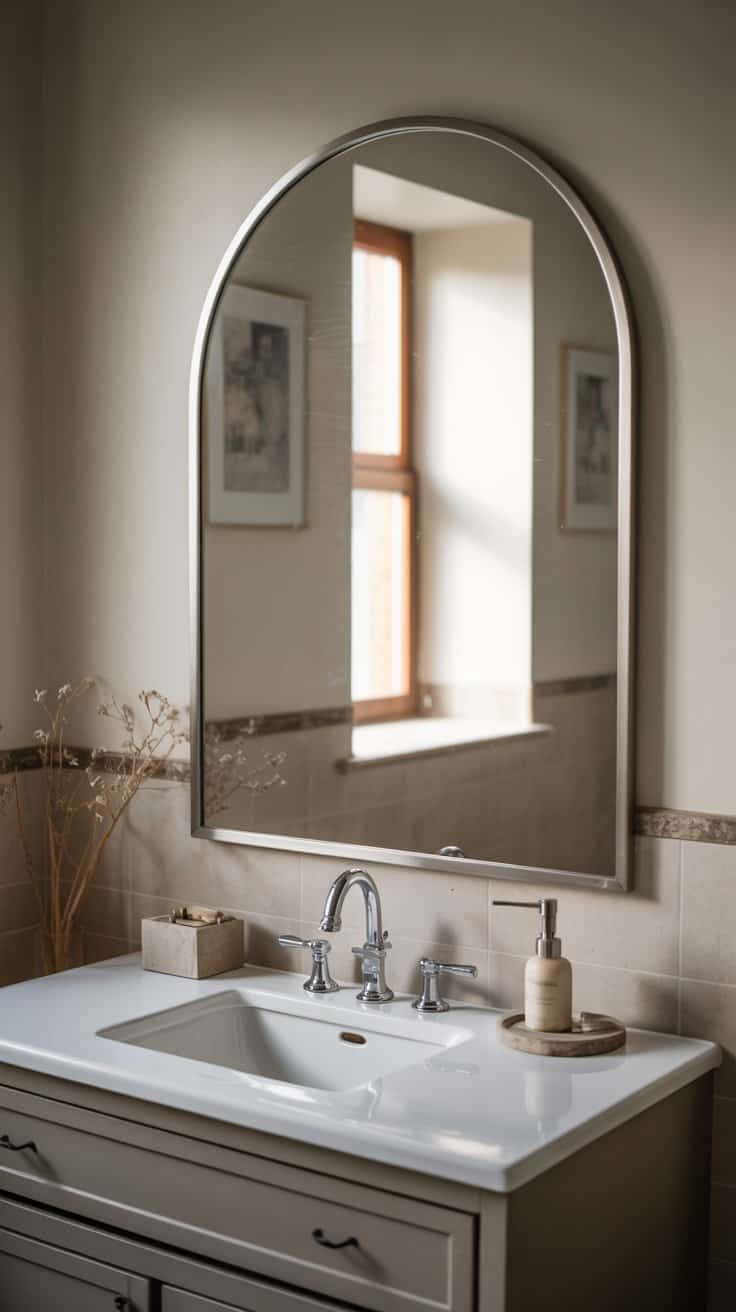 Oversized framed bathroom mirror creating a designer look and making a small bathroom feel larger