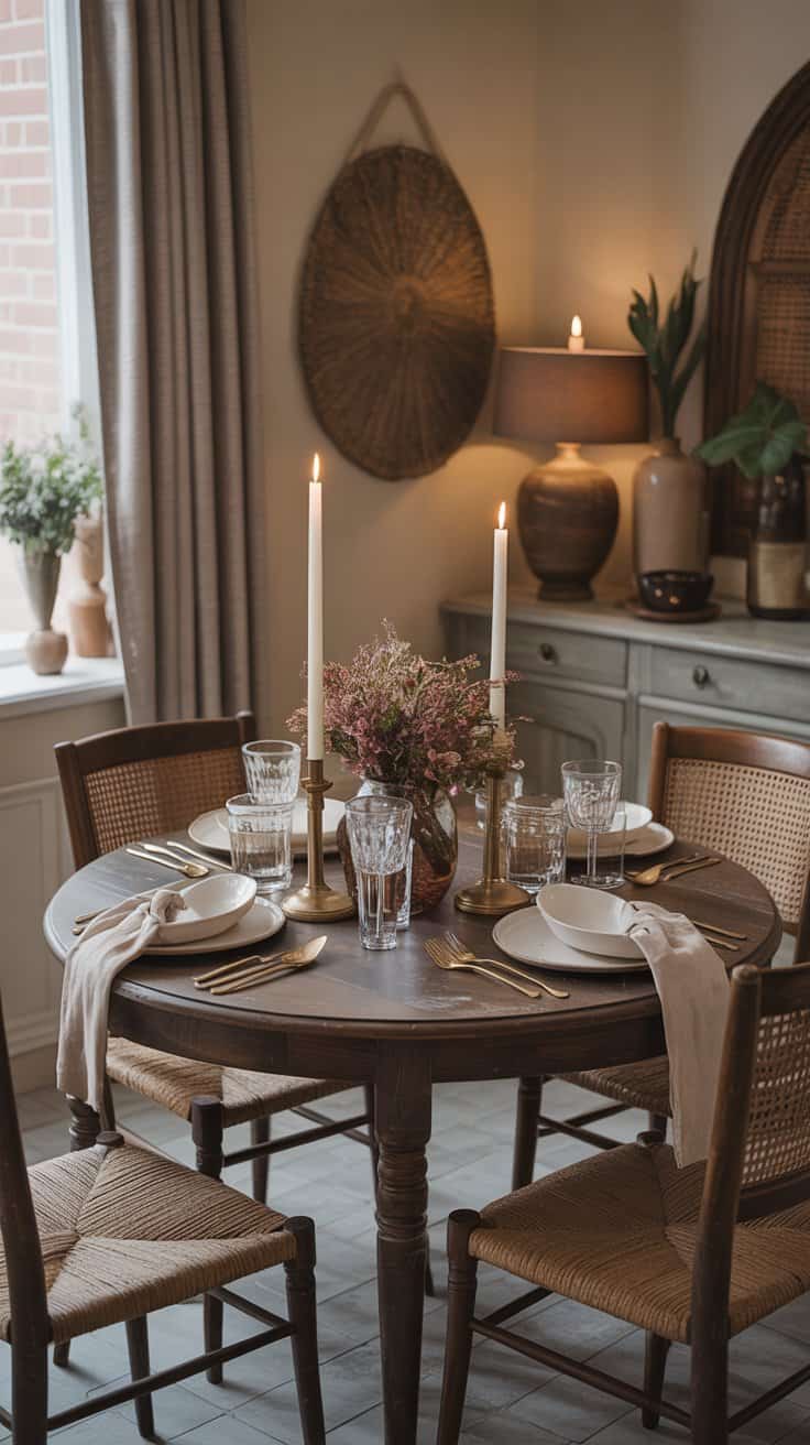 A vintage dining setup with warm textiles, featuring a beautifully set table.