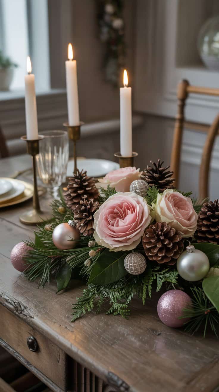 A vintage floral centerpiece with roses, pinecones, and ornaments, set on a wooden table.