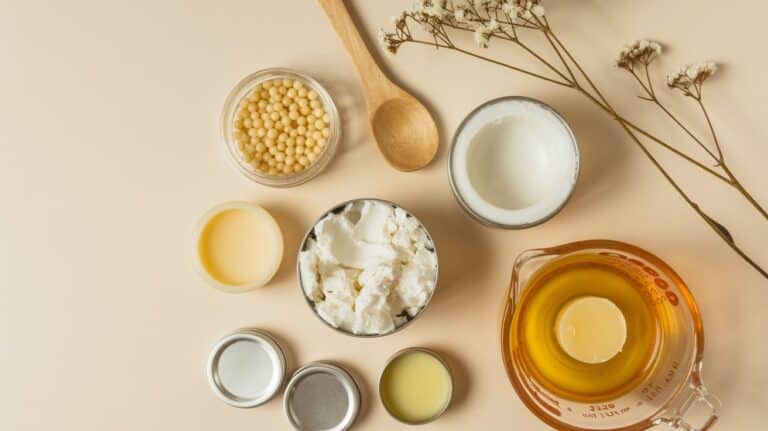 Homemade castor oil lip balm ingredients arranged on a neutral flat-lay background.