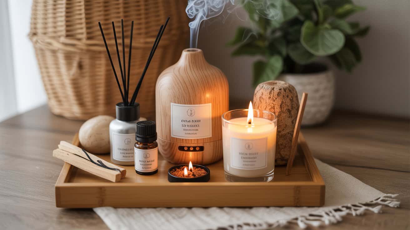 Aromatherapy hamper with diffuser, essential oils, candle, and incense arranged for a calming look