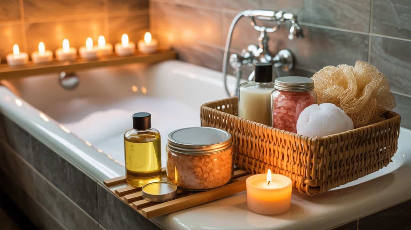 Luxury bath hamper with bath oils, bubble bath, bath salts, loofah, and candle.