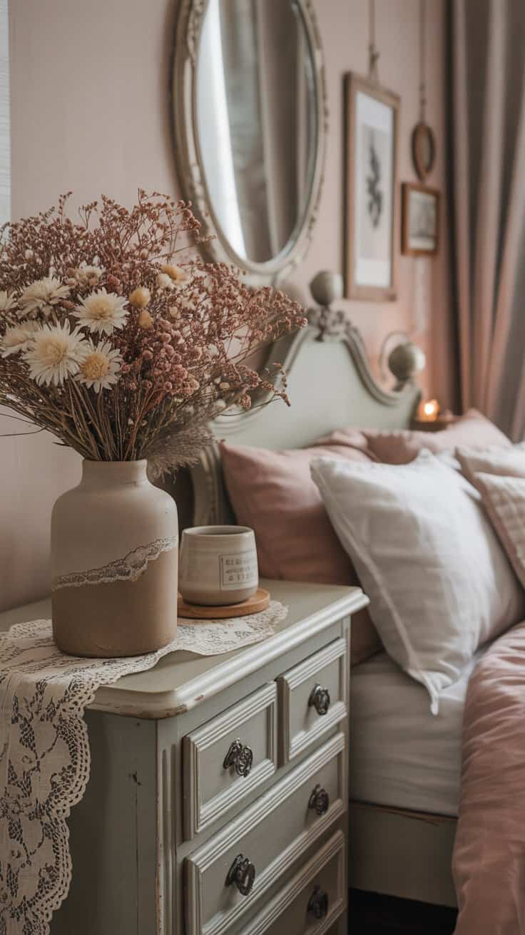 Dried floral arrangement adding vintage charm to a cozy bedroom